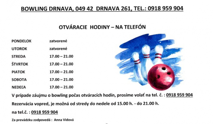 Bowling - prevádzka - nyitvatartás - ZMENA - VÁLTOZÁS